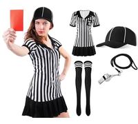 SATINIOR Costume da Arbitro per Donna Abito Gonna da Arbitro, Cappello Ufficiale dell'Arbitro, Calze Lunghe al Ginocchio, Fischietto in Acciaio Inox con Cordino, Bandiera Gialla di Rigore (M)