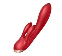 Satisfyer, vibratore rabbit Bluetooth, Double Flex Connect App, 20 cm, con app, 3 motori, in silicone pieno, ricaricabile, impermeabile, colore:rosso