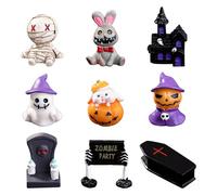 Satiskid 9 statuette in miniatura di Halloween, piccole zucche in resina, fantasma, tombe, bare, case infestate, mummie, ornamenti per decorazioni di Halloween, sacchetti regalo per Halloween