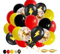 Satiskid Palloncini rossi gialli neri, 50 palloncini per feste di compleanno da 30,5 cm, palloncini in lattice con coriandoli, palloncini stampati con fulmini, per compleanni, matrimoni, anniversari