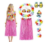 Satiskid Set da 8 pezzi con gonna hawaiana hula, collana con gonna in erba da 60 cm, fascia per capelli hawaiana, lei, bikini, ibisco, fermacapelli, occhiali da ananas, decorazioni estive per feste