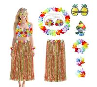 Satiskid Set da 8 pezzi con gonna hawaiana hula da 60 cm, collana con fascia per capelli, bikini hawaiano, con clip per capelli, occhiali da ananas, decorazioni estive e tropicali per feste (rosso)