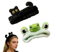 Satiskid Set di 2 cerchietti per capelli con gatto e rana, in morbido pile corallo, per trucco e spa, per lavare il viso, la doccia, lo sport, regalo per donne e ragazze