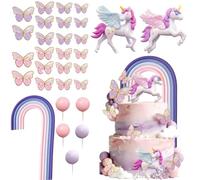 Satiskid Set di 30 topper per torta a forma di unicorno, decorazioni per torte di compleanno con unicorno magico, palloncini arcobaleno e farfalla, decorazioni 3D per feste per cupcake e dessert