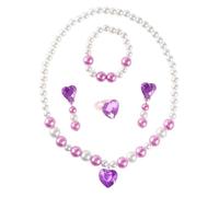 Satiskid Set di 5 gioielli per bambini fatti a mano con perle per ragazze, ciondolo a forma di cuore viola, gioielli per bambini con collana elasticizzata, braccialetto, anello regolabile e orecchini