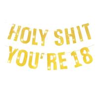 Satiskid Striscione con scritta "Happy 18th Birthday", con glitter dorato e scritta in lingua inglese "Holy Shit You're 18", divertenti decorazioni per feste di compleanno, Cheers to 18 Years (oro)