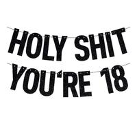 Satiskid Striscione con scritta "Happy 18th Birthday", con glitter nero e scritta "Holy Shit You're 18", divertenti decorazioni per feste di compleanno per 18° compleanno, Cheers to 18 Years (nero)