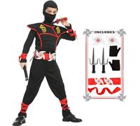 SATKULL Costume da ninja per bambini, costume da ninja per Halloween, costume da ninja deluxe per giochi di ruolo (bambini-XL-10/12T)