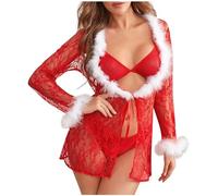 Satohom Completo intimo sexy da Babbo Natale da donna,malizioso body in rete traforata Badydoll con scollo a V,intimo intero in pizzo floreale,sottoveste,in rete trasparente,push-up,pigiama per Xmas
