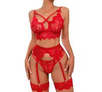 Satohom Donna 3 Pezzi Completi Intimi con Reggicalze Body in Pizzo Teddy Babydoll Sexy Scollo V Bralette Cinturino Incrociato e Slip Vita Alta Lingerie Set di Biancheria Intimo Taglie Forti