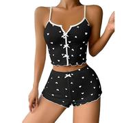 Satohom Donna Due Pezzi Completo Sexy Pigiama Amore Stampa Estivo Elegante Corto Scollo a V Camisole Spaghetti Senza Maniche Canotta con Pantaloncini Cotone Loungewear Abbigliamento da Notte