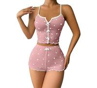 Satohom Donna Due Pezzi Completo Sexy Pigiama Amore Stampa Estivo Elegante Corto Scollo a V Camisole Spaghetti Senza Maniche Canotta con Pantaloncini Cotone Loungewear Abbigliamento da Notte