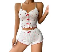 Satohom Donna Due Pezzi Completo Sexy Pigiama Amore Stampa Estivo Elegante Corto Scollo a V Camisole Spaghetti Senza Maniche Canotta con Pantaloncini Cotone Loungewear Abbigliamento da Notte