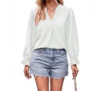 Satohom Donna Elegante Camicetta in Chiffon con Scollo a V Casual a Maniche Lunghe Jacquard Camicie Estate Autunno Tunica Top Camicette in Pizzo, Bianco, Blu