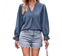 Satohom Donna Elegante Camicetta in Chiffon con Scollo a V Casual a Maniche Lunghe Jacquard Camicie Estate Autunno Tunica Top Camicette in Pizzo, Bianco, Blu