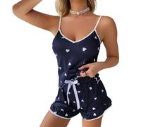 Satohom Donna Pigiama in Seta Ice con Stampa a Cuore Estivo Seta Raso Top e Pantaloncini Babydoll 2 Pezzi, Sexy Corto Senza Maniche Imbracatura Camicia da Notte Top Shorts Canotta Lingerie