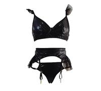 Satohom Donna Set Biancheria Intima Patchwork in Rete Trasparente di Pelle Verniciata Latex Reggiseno Push Up Regolabile Perizoma Lingerie Notte Senza Schienale Babydoll con 4 Clip per Calze