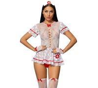 Satohom Donna Sexy Cosplay Infermiera Babydoll Lingerie Miniabito da Infermiera in Pizzo con Ritaglio in Rete Completini Intimo Camicia da Notte Trasparente a Maniche Corte per Halloween