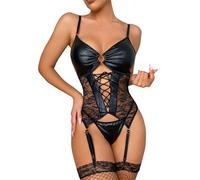 Satohom Donna Sexy Pelle delle Corsetto Body con Reggicalze Perizoma, Scollo a V Profondo Cuoio Biancheria Intima 3 Pezzi Hot Babydoll Pizzo, Lingerie Elasticizzato Chemise da Notte S-XL