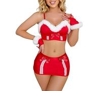 Satohom Lingerie Babbo Natale per Donna 2 Pezzi Fiocco Biancheria Intima Reggiseno Push Up con Gonna Hot Natalizia San Valentino Rosso Pigiama Babydoll da Notte Completo Intimo Taglia Unica