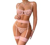 Satohom Ricamata Intimo Donna Seducente 4 Pezzi Prospettive Lingerie Sexy Hot Reggiseno con Ferretto e Perizoma con Reggicalze e Anelli per Le Gambe Push Up Babydoll per La Notte di Nozze