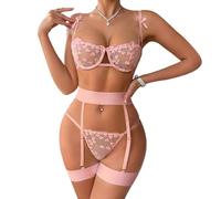 Satohom Set di Lingerie Sexy da Donna Intimo Reggiseno con Ferretto Ricamato in Rete e Perizoma con Reggicalze Cintura 3 Pezzi Vestito Trasparente in Pizzo Floreale Abbigliamento da Notte con Coscia