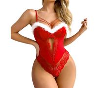 Satohom Sexy 3 Pezzi Vestito Natale Camicia da Notte con Spalline Donna Apertura Frontale Mini Abito Prospettiva in Pizzo Lingerie con Perizoma e Cappello da Babbo Natale Babydoll Pigiami