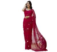 Satrani Sari da lavoro da donna in georgette con camicetta non cucita, Rosso ciliegia, taglia unica