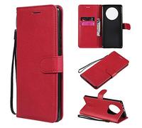 SaturCASE - Custodia protettiva per Huawei Mate 40 Pro, in pelle PU, con chiusura magnetica, con supporto, scomparti per carte di credito, cinturino da polso, per Huawei Mate 40 Pro (rosso)