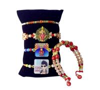 SATVIK - Set di 5 Rakhi per fratello e Bhabhi con Lumba Rakhi, Roli Chawal, biglietto di auguri e adesivo, set regalo fatto a mano Raksha Bandhan, 2 centimeters, Filo Rakhi, Non pietra preziosa