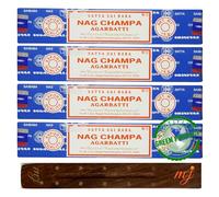 Satya Nag Champa - Bastoncini di incenso originali Agarbatti, con porta bastoncini di incenso M&J, confezione da 4, per aromaterapia, spa, yoga, matrimoni, meditazione, guarigione, positività e relax