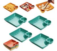 Sauce Separated Plate,Japanese Dumpling Plate with Sauce Dish,Reusable Plastic Divided Snack Dishes with Compartment Dipping Saucer,Simple Square Design,for Appetizer,Taco Salsa,Fruit (4D)