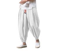 SAUTRV Pantaloni harem da uomo in cotone e lino, pantaloni da uomo a gamba larga, con coulisse con risvolto, pantaloni cargo larghi, casual, hippie, yoga, palloncini, pantaloni casual hippie harem da