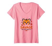 Savage But Cute About It Tiger Cub Paw Maglietta con Collo a V, Donna, Rosa, S