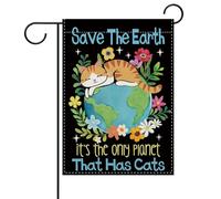 Save The Earth Funny Cat Earth Day Planet Environmental Flower Bandiera Da Giardino Resistente Alle Intemperie Flag Colore Vivido Bandiera Per Prato Balcone Esterno 30X45Cm