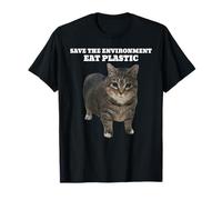 Save The Environment Mangia Plastic Cat Meme Maglietta