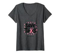 Save The Tatas - Nastro Rosa per la sensibilizzazione al Cancro al Seno, Ottobre Maglietta con Collo a V, Donna, Grigio Scuro, XL