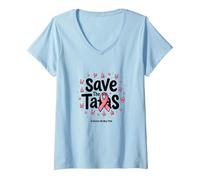 Save The Tatas - Nastro Rosa per la sensibilizzazione al Cancro al Seno, Ottobre Maglietta con Collo a V, Donna, Celeste, S