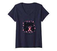 Save The Tatas - Nastro Rosa per la sensibilizzazione al Cancro al Seno, Ottobre Maglietta con Collo a V, Donna, Navy, M