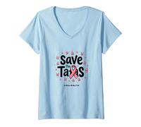 Save The Tatas - Nastro Rosa per la sensibilizzazione al Cancro al Seno, Ottobre Maglietta con Collo a V, Donna, Celeste, M