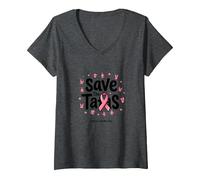 Save The Tatas - Nastro Rosa per la sensibilizzazione al Cancro al Seno, Ottobre Maglietta con Collo a V, Donna, Grigio Scuro, M