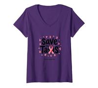 Save The Tatas - Nastro Rosa per la sensibilizzazione al Cancro al Seno, Ottobre Maglietta con Collo a V, Donna, Viola, M
