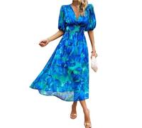 saVgu Boho Deep V Neck Printed Midi Dress,Women's Dresses Spring 2024,Boho Deep V Neck Printed Midi Dress (Color : Blue, Size : L)