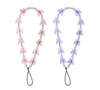 SAVITA 2 Pezzi Cinturino per Telefono con Perline, Farfalla di Cristallo Perla Phone Charm Strap Cordino Cellulare Portachiavi per Donne Ragazze (Viola, Rosa)