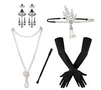 SAVITA 5 Pezzi Accessori per Flapper Anni '20 Set di Accessori per Costumi Gatsby Anni '20 per Orecchini da Donna Orecchini di Perle Guanti Portasigarette Fascia per Capelli (black)