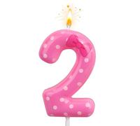SAVITA Candela Compleanno con Fiocco Rosa, Pois Bianchi Candela con Numero a Forma Cartone Animato Grazioso Fiocco Rosa Decorazione per Torta di Compleanno Decorazione per Torta (Numero 2)