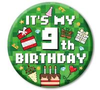 SAVITA Distintivo Compleanno Pixel, 5,8cm Spilla Compleanno a Tema Videogioco con Diamante Torta di Celebrazione Scatola Regalo Palloncino Motivi per Decorazioni Feste a Tema Pixel(Numero 9)