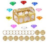 SAVITA Set del Tesoro degli Smeraldi del Caos, Include 10pz Gemme Diamanti con 10 Anelli Potere d'oro e 10 Monete d'oro con Forziere per Bomboniere Bambini Giochi di Caccia al Tesoro