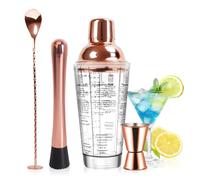 SAVORLIVING Set di Shaker per Cocktail in Vetro da 14 oz, Kit da Barman 4 Pezzi, Shaker Martini con Strainer, Cucchiaio, Jigger e Pestello, Set di Strumenti da Bar per Principianti (Oro rosa)