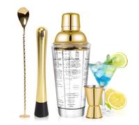 SAVORLIVING Set di Shaker per Cocktail in Vetro da 14 oz, Kit da Barman 4 Pezzi, Shaker Martini con Strainer, Cucchiaio, Jigger e Pestello, Set di Strumenti da Bar per Principianti (Oro)